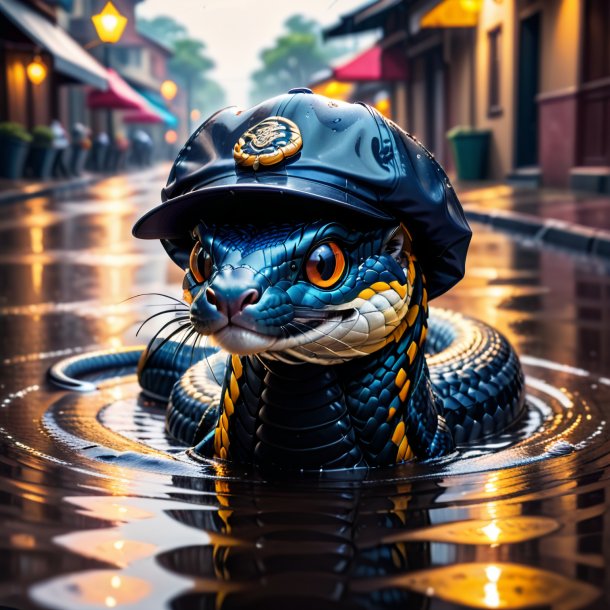 Picture of a cobra in a cap in the puddle