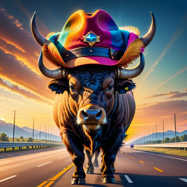 Drawing of a buffalo in a hat on the highway