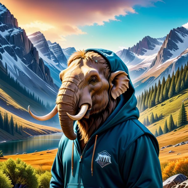 Picture of a mammoth in a hoodie in the mountains