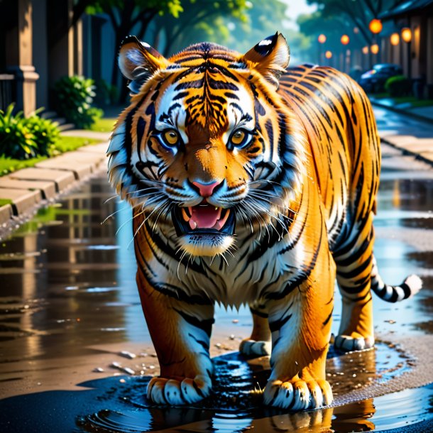 Uma foto de um sorriso de um tigre na poça