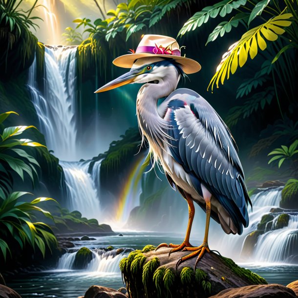 Drawing of a heron in a hat in the waterfall