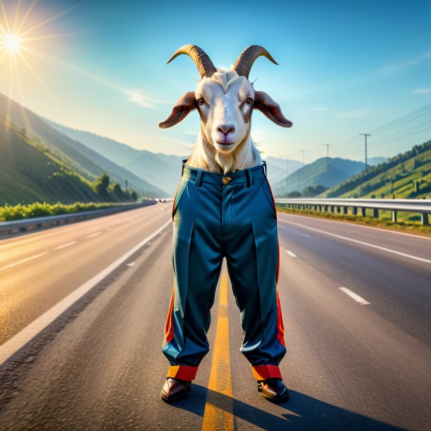 Image of a goat in a trousers on the highway