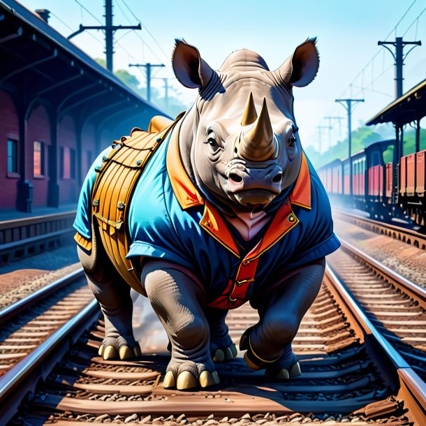 Illustration of a rhinoceros in a vest on the railway tracks