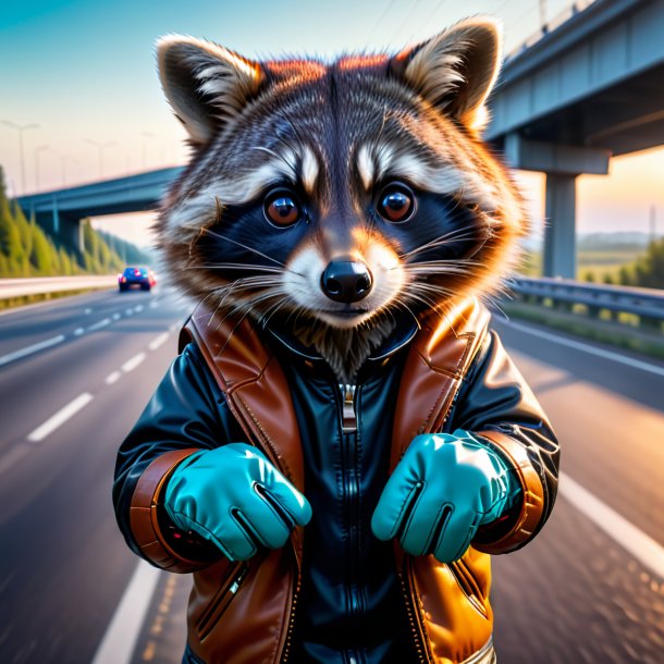 Photo of a raccoon in a gloves on the highway