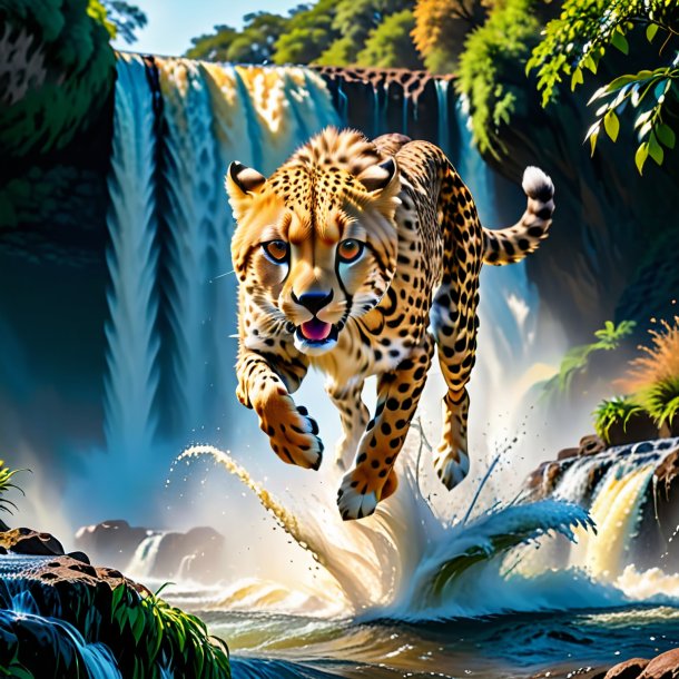 Pic of a jumping of a cheetah in the waterfall