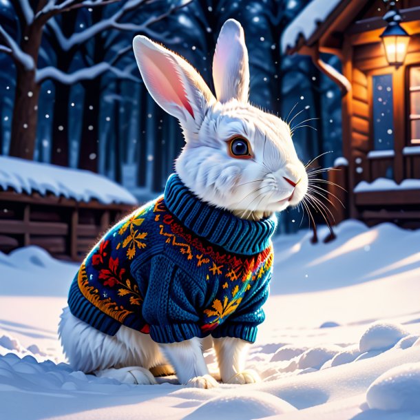 Illustration of a rabbit in a sweater in the snow