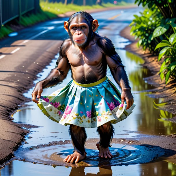 Photo of a chimpanzee in a skirt in the puddle