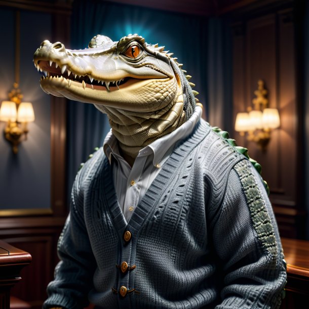 Image of a crocodile in a gray sweater