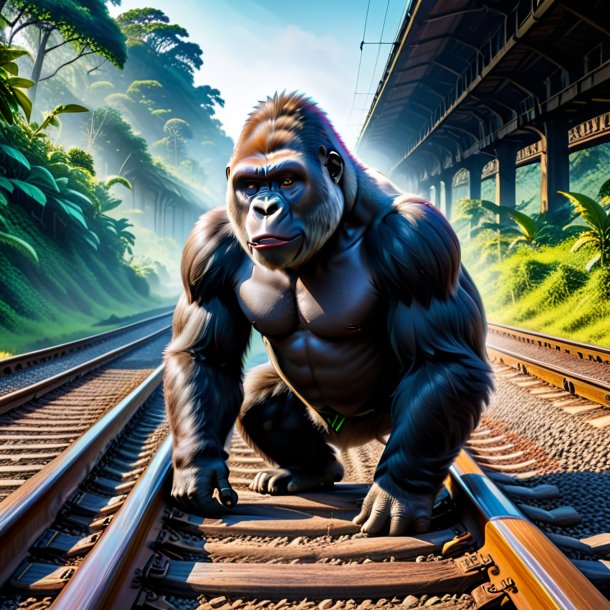 Picture of a drinking of a gorilla on the railway tracks