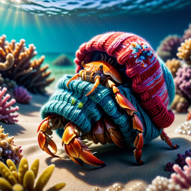 Picture of a hermit crab in a sweater in the sea