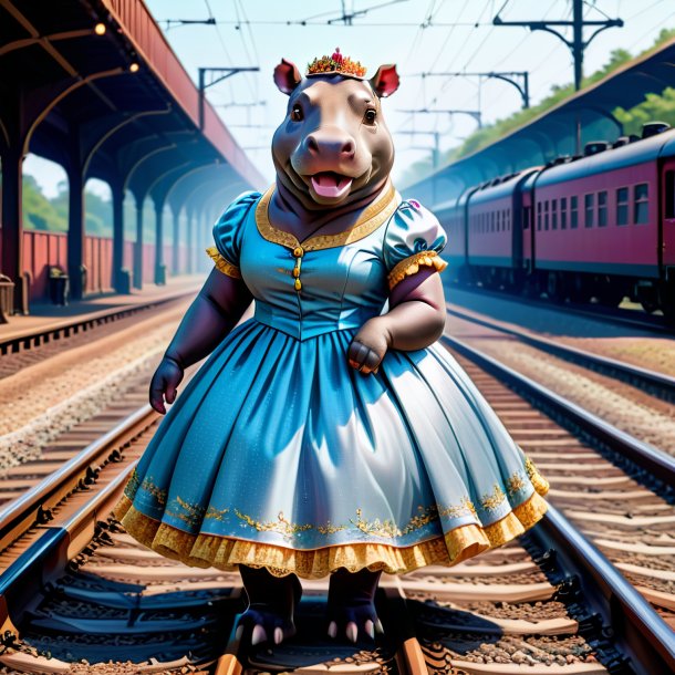 Drawing of a hippopotamus in a dress on the railway tracks