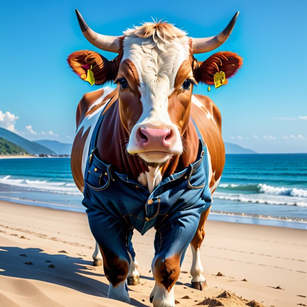 Pic d'une vache dans un jean sur la plage