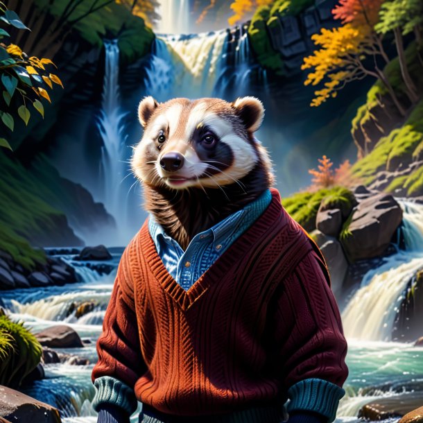 Picture of a badger in a sweater in the waterfall