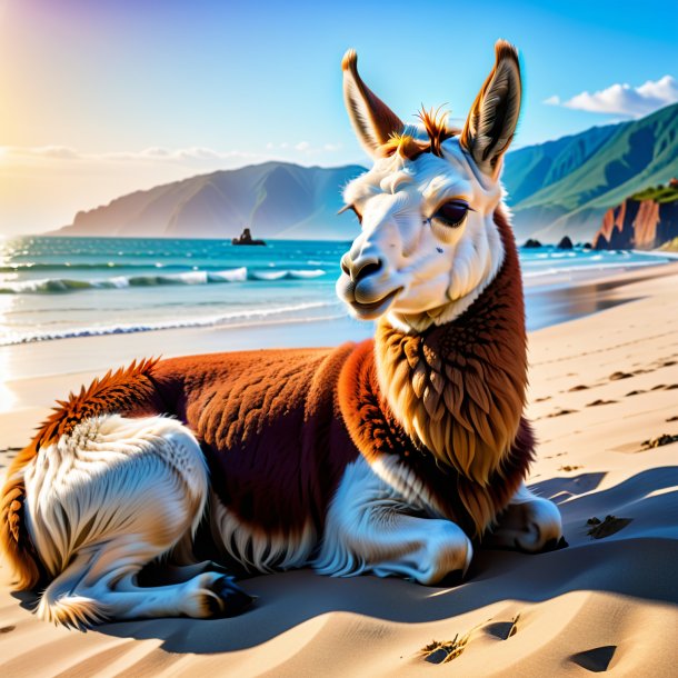 Image of a sleeping of a llama on the beach