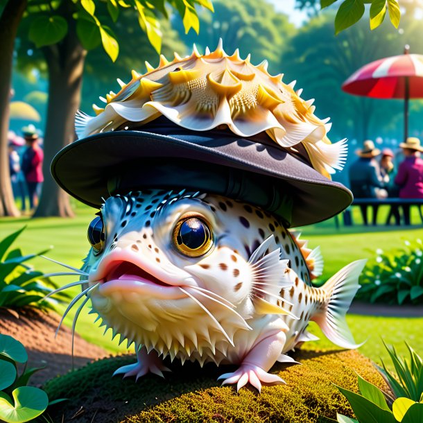 Image of a pufferfish in a hat in the park