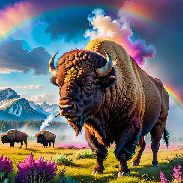 Picture of a smoking of a bison on the rainbow