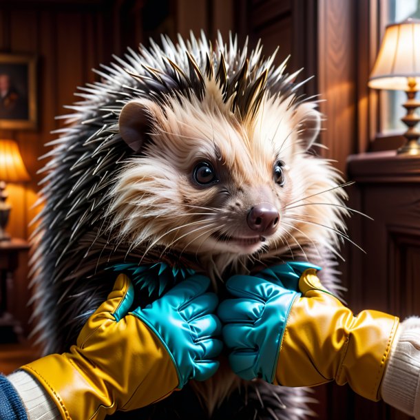 Photo of a porcupine in a gloves in the house