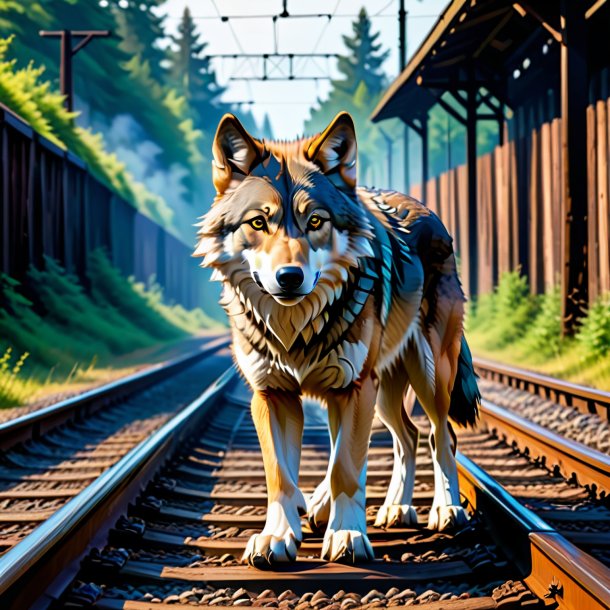 Picture of a playing of a wolf on the railway tracks