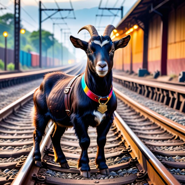 Foto de uma cabra em um cinto nos trilhos ferroviários