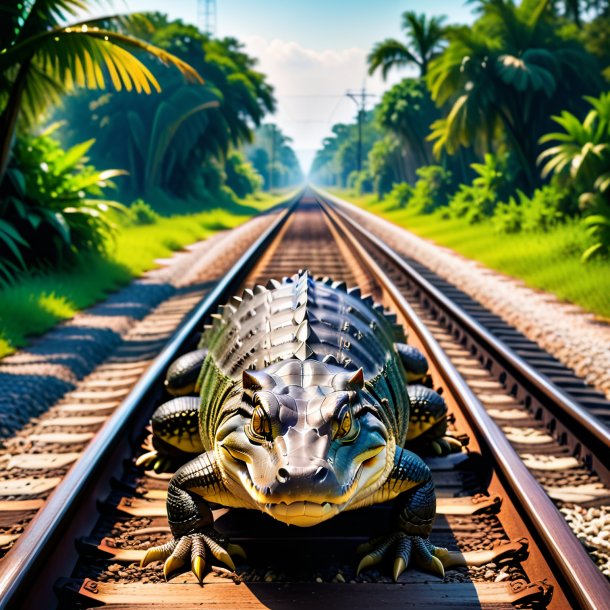 Foto de una espera de un cocodrilo en las vías del tren