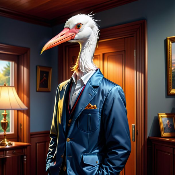 Illustration d'une cigogne dans une veste dans la maison