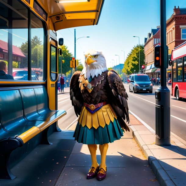 Photo of a eagle in a skirt on the bus stop