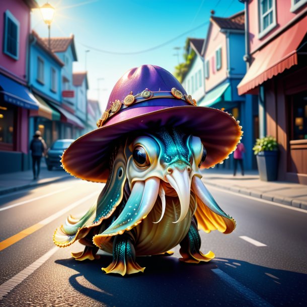 Illustration of a cuttlefish in a hat on the road