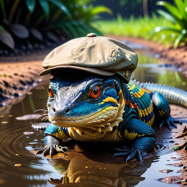 Imagem de um lagarto monitor em um boné na poça