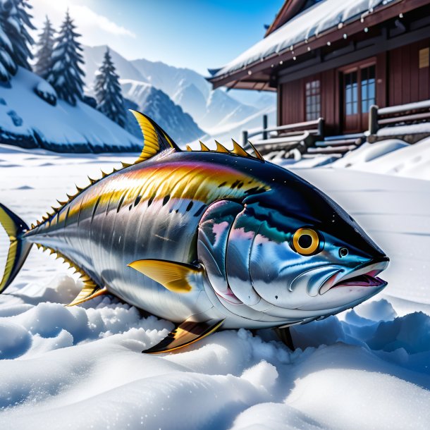 Photo of a resting of a tuna in the snow