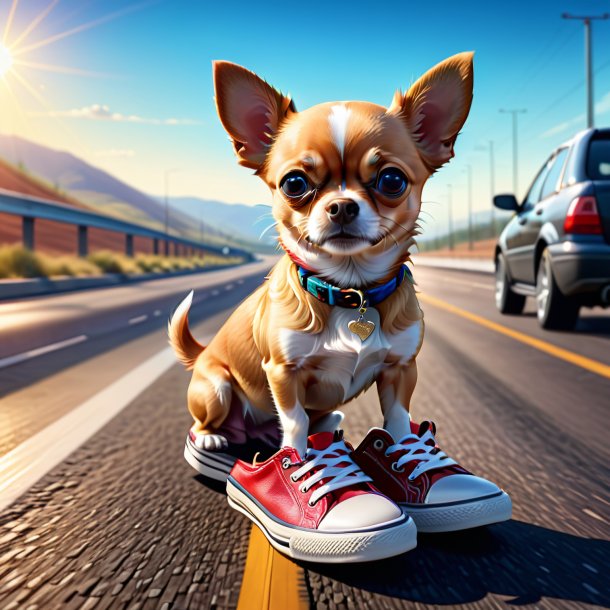 Ilustración de un chihuahua en zapatos en la carretera