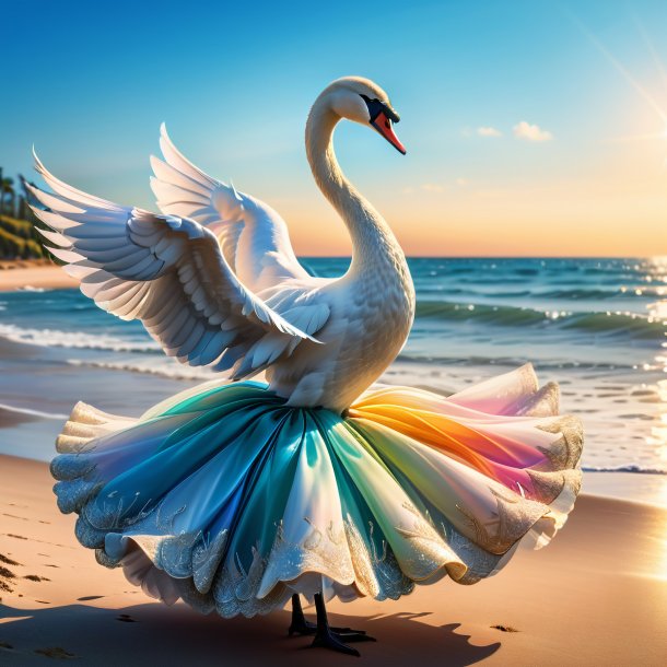 Image of a swan in a dress on the beach