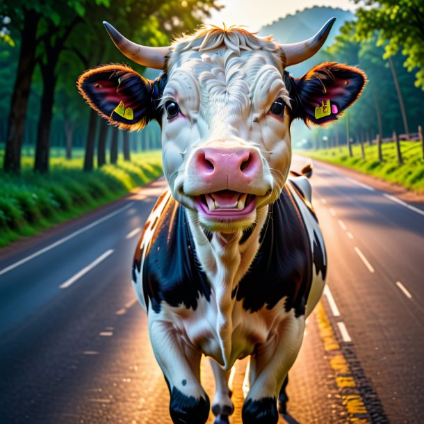 Uma foto de um sorriso de uma vaca na estrada