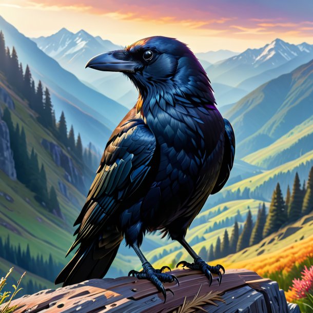 Drawing of a crow in a belt in the mountains