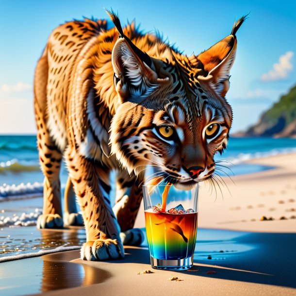 Image of a drinking of a lynx on the beach