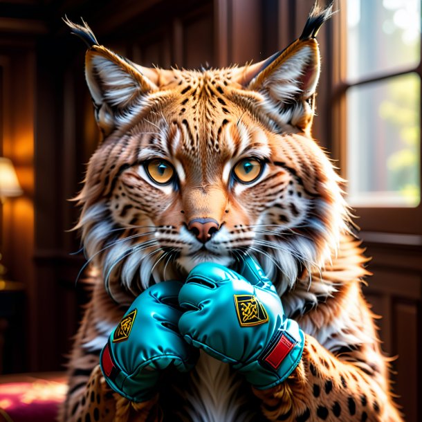 Picture of a lynx in a gloves in the house