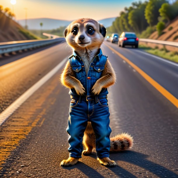 Foto de um meerkat em um jeans na rodovia