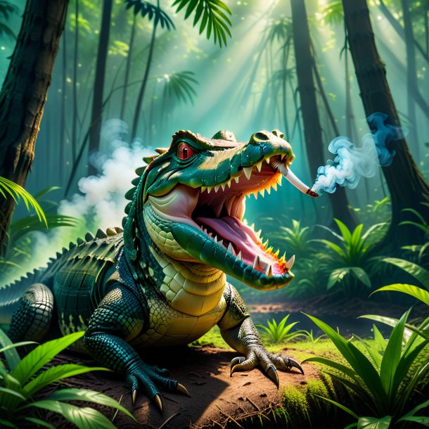 Image of a smoking of a crocodile in the forest