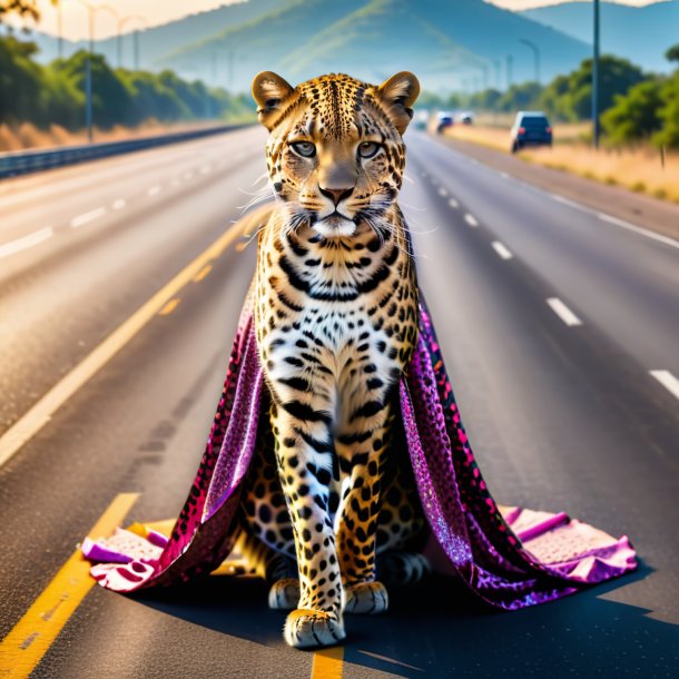 Foto de un leopardo en un vestido en la carretera