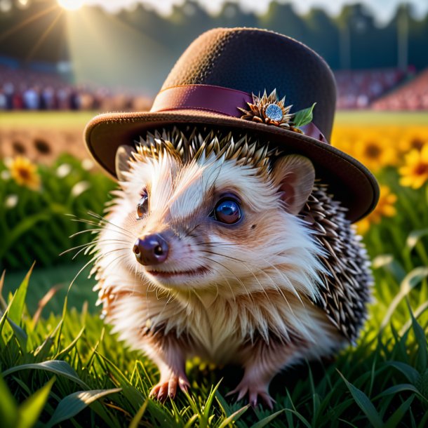 Image of a hedgehog in a hat on the field