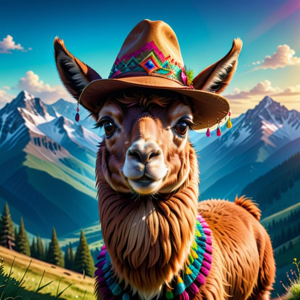 Illustration of a llama in a hat in the mountains