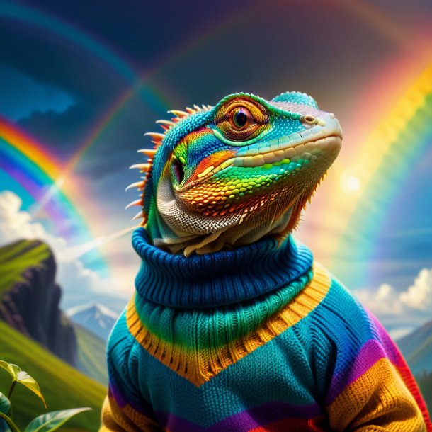 Foto de un lagarto en un suéter en el arco iris