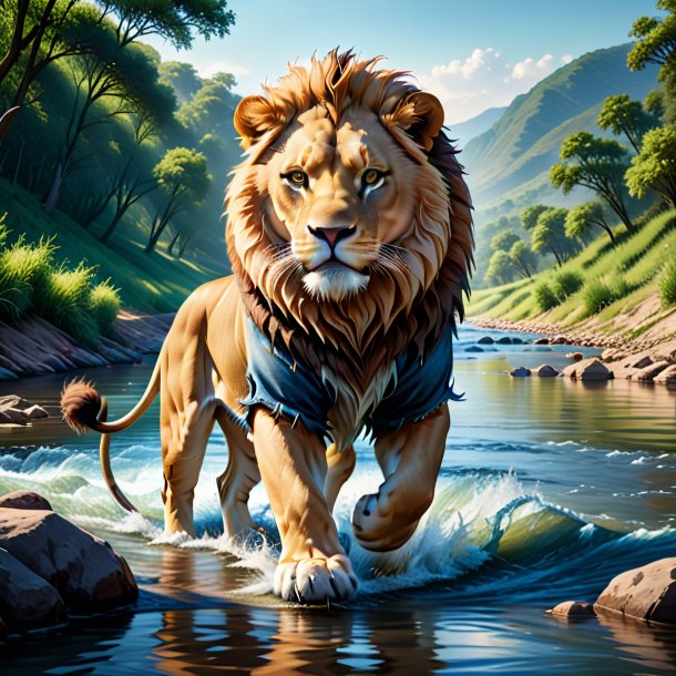 Illustration of a lion in a jeans in the river