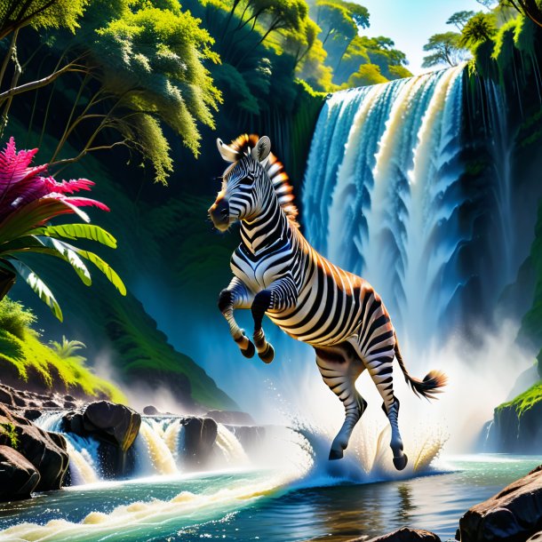 Pic of a jumping of a zebra in the waterfall