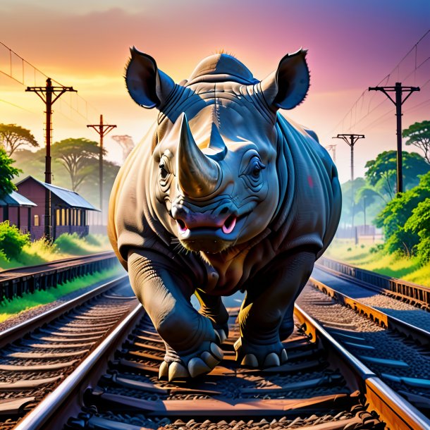 Photo of a smiling of a rhinoceros on the railway tracks