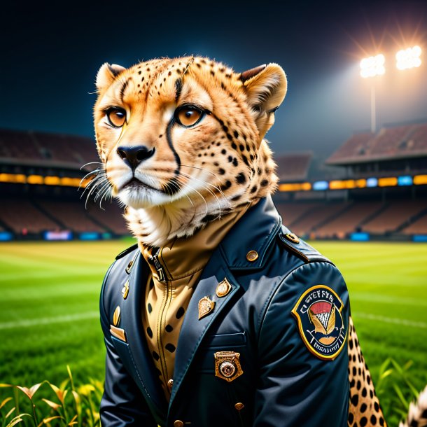 Image of a cheetah in a jacket on the field