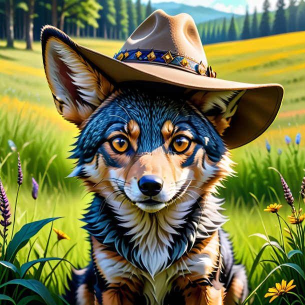 Drawing of a jackal in a hat in the meadow