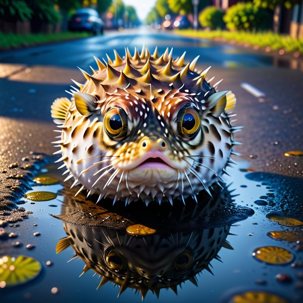 Photo of a waiting of a pufferfish in the puddle