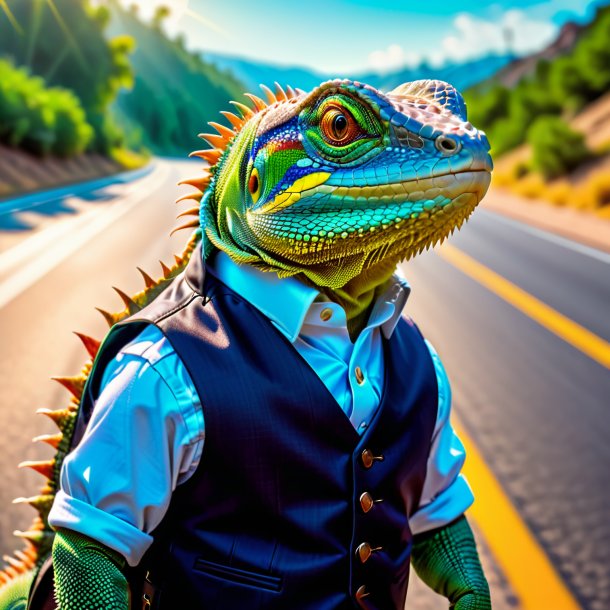 Picture of a lizard in a vest on the road