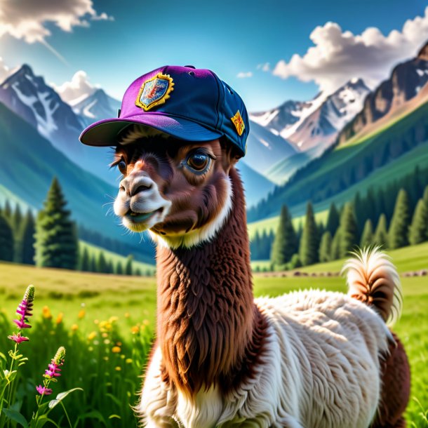 Pic of a llama in a cap in the meadow