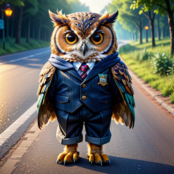 Drawing of a owl in a trousers on the road